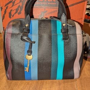 Black and Blue Satchel with Structured Shape and Gold Hardware